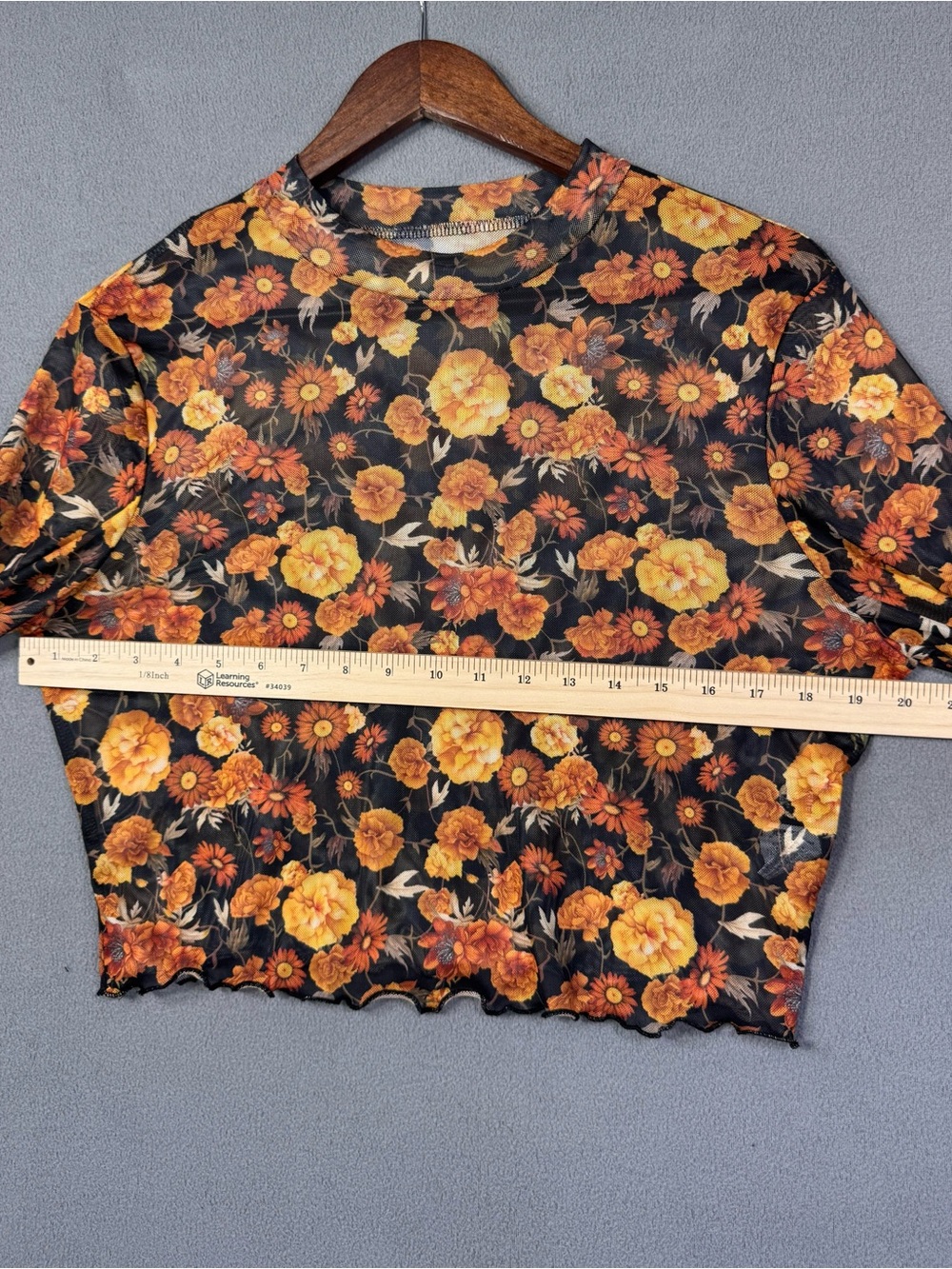 Boho Sheer Floral SheerLong Sleeve Crop Top Black with Orange Yellow Flowers, XL - Picture 8 of 14